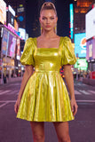 Metallic Yellow Square Neck A Line Homecoming Dress with Puff Sleeves