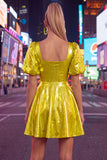 Metallic Yellow Square Neck A Line Homecoming Dress with Puff Sleeves