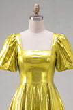 Metallic Yellow Square Neck A Line Homecoming Dress with Puff Sleeves