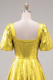 Metallic Yellow Square Neck A Line Homecoming Dress with Puff Sleeves