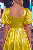Metallic Yellow Square Neck A Line Homecoming Dress with Puff Sleeves