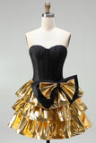 Black Golden Strapless Tiered Ruffle A Line Corset Homecoming Dress with Bow