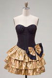 Black Golden Strapless Tiered Ruffle A Line Corset Homecoming Dress with Bow