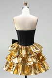 Black Golden Strapless Tiered Ruffle A Line Corset Homecoming Dress with Bow