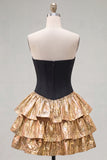 Black Golden Strapless Tiered Ruffle A Line Corset Homecoming Dress with Bow