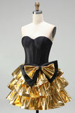 Black Golden Strapless Tiered Ruffle A Line Corset Homecoming Dress with Bow