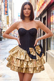 Black Golden Strapless Tiered Ruffle A Line Corset Homecoming Dress with Bow