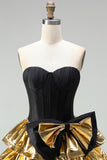 Black Golden Strapless Tiered Ruffle A Line Corset Homecoming Dress with Bow
