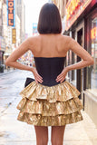 Black Golden Strapless Tiered Ruffle A Line Corset Homecoming Dress with Bow
