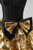 Black Golden Strapless Tiered Ruffle A Line Corset Homecoming Dress with Bow