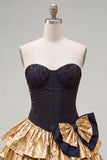 Black Golden Strapless Tiered Ruffle A Line Corset Homecoming Dress with Bow