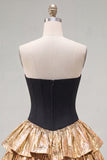Black Golden Strapless Tiered Ruffle A Line Corset Homecoming Dress with Bow