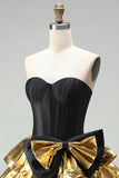 Black Golden Strapless Tiered Ruffle A Line Corset Homecoming Dress with Bow