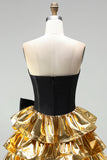 Black Golden Strapless Tiered Ruffle A Line Corset Homecoming Dress with Bow