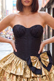 Black Golden Strapless Tiered Ruffle A Line Corset Homecoming Dress with Bow