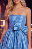 Strapless Blue A Line Short Homecoming Dress with Bow