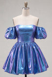 Fuchsia Metallic Off the Shoulder A Line Homecoming Dress with Puff Sleeves