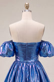 Fuchsia Metallic Off the Shoulder A Line Homecoming Dress with Puff Sleeves