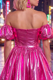 Fuchsia Metallic Off the Shoulder A Line Homecoming Dress with Puff Sleeves