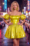 Fuchsia Metallic Off the Shoulder A Line Homecoming Dress with Puff Sleeves