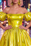 Fuchsia Metallic Off the Shoulder A Line Homecoming Dress with Puff Sleeves