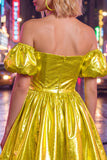 Fuchsia Metallic Off the Shoulder A Line Homecoming Dress with Puff Sleeves