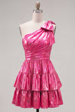 Green One Shoulder Metallic A Line Tiered Short Homecoming Dress
