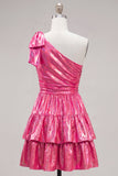 Green One Shoulder Metallic A Line Tiered Short Homecoming Dress