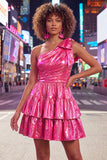 Green One Shoulder Metallic A Line Tiered Short Homecoming Dress