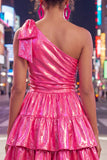 Green One Shoulder Metallic A Line Tiered Short Homecoming Dress