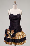 Black Golden A Line Tiered Ruched Short Homecoming Dress with Bow
