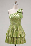Green One Shoulder Metallic A Line Tiered Short Homecoming Dress