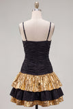Black Golden A Line Tiered Ruched Short Homecoming Dress with Bow