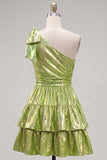 Green One Shoulder Metallic A Line Tiered Short Homecoming Dress