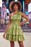 Green One Shoulder Metallic A Line Tiered Short Homecoming Dress