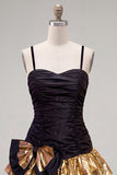 Black Golden A Line Tiered Ruched Short Homecoming Dress with Bow