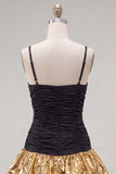 Black Golden A Line Tiered Ruched Short Homecoming Dress with Bow