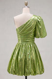 Metallic Hot Pink One Shoulder A Line Homecoming Dress with Puff Sleeve