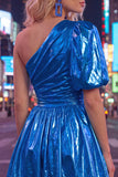 Metallic Hot Pink One Shoulder A Line Homecoming Dress with Puff Sleeve