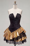 Strapless Black Golden Ruched A Line Homecoming Dress with Lace