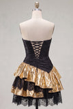 Strapless Black Golden Ruched A Line Homecoming Dress with Lace