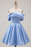 Off the Shoulder Blue A Line Short Homecoming Dress with Beading