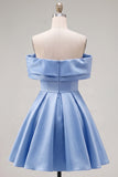 Off the Shoulder Blue A Line Short Homecoming Dress with Beading