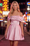 Off the Shoulder Blue A Line Short Homecoming Dress with Beading