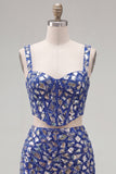 2-Piece Dark Blue Mirrored Corset Homecoming Dress