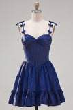 Navy A Line Spaghetti Straps Corset Homecoming Dress