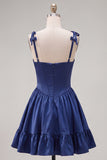 Navy A Line Spaghetti Straps Corset Homecoming Dress