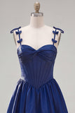 Navy A Line Spaghetti Straps Corset Homecoming Dress