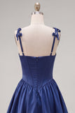 Navy A Line Spaghetti Straps Corset Homecoming Dress
