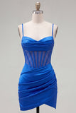 Royal Blue Bodycon Satin Corset Short Homecoming Dress